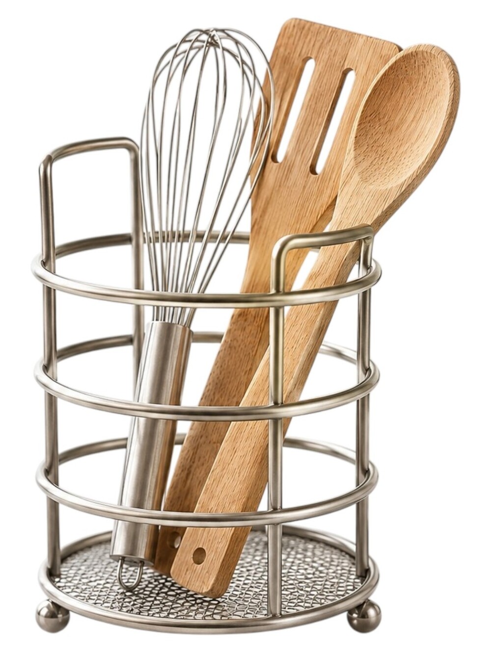 Modern Brushed Satin Nickel Kitchen Utensil Holder | Wire Mesh Crock Organizer